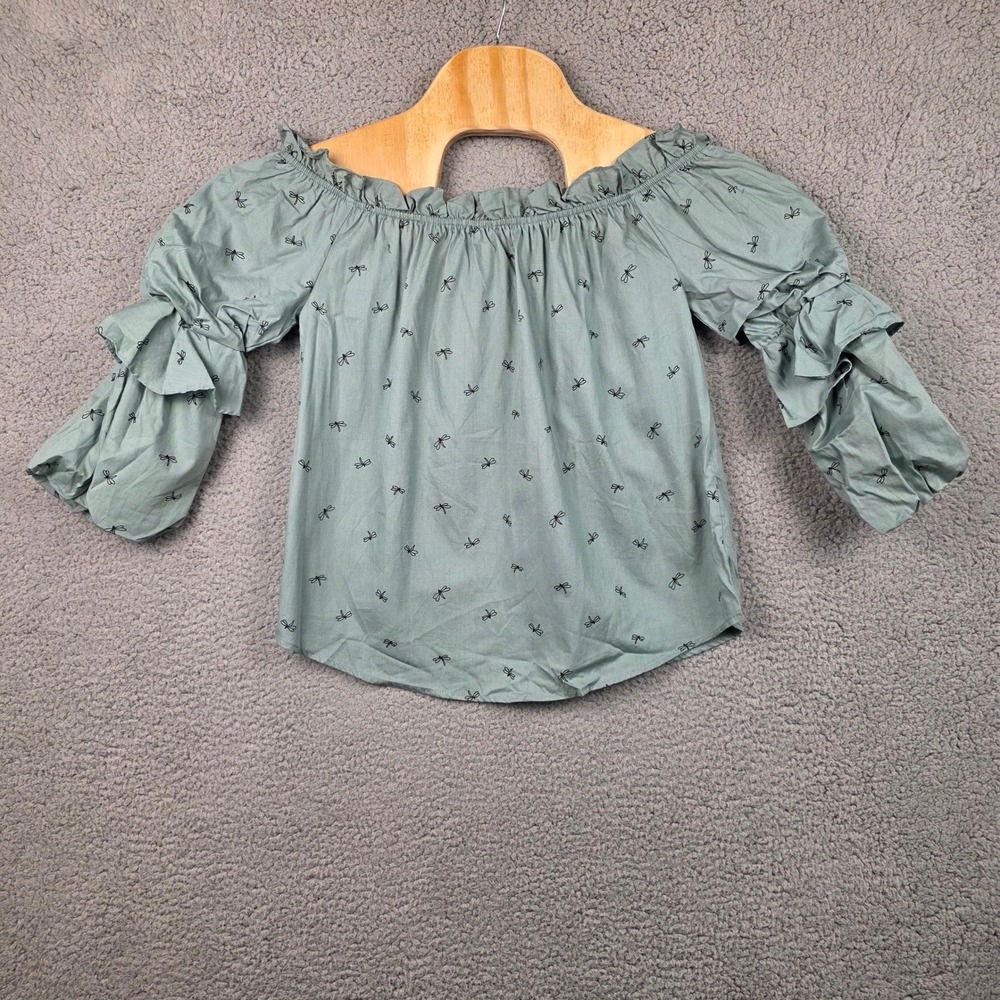 Sweet Wanderer Dragonfly‎ Print Off Shoulder Ruffle Sleeve Cotton Blouse Green S
